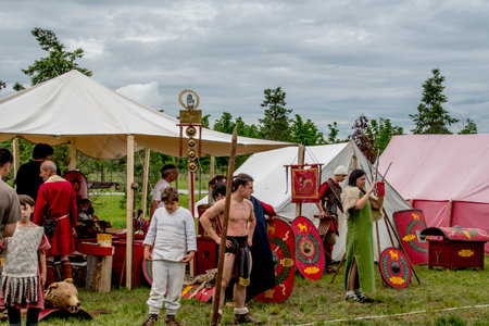 Unidentified people in medieval costume at the festival of historical reconstructionの写真素材