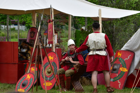 Unidentified people in medieval costume at historical reenactment festival Targu Jiu Romania