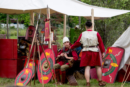 Unidentified people in medieval costume at historical reenactment festival Targu Jiu Romania