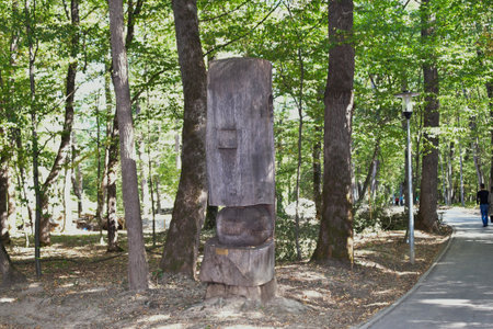 Wooden totem pole in the park of Astra Sibiu Hermannstadt Romaniaの写真素材