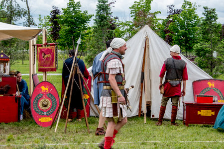 Unidentified participants of historical reenactment festival TÃ¢rgu Jiu Romania