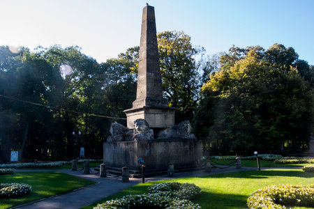 A view of the Obelisk in the city park of Vilnius, Lithuania.の写真素材