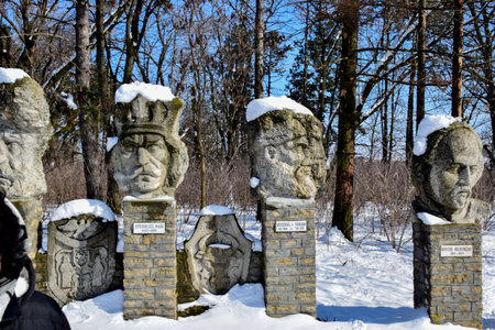 Sculptures on the cemetery in the park in winter.の写真素材