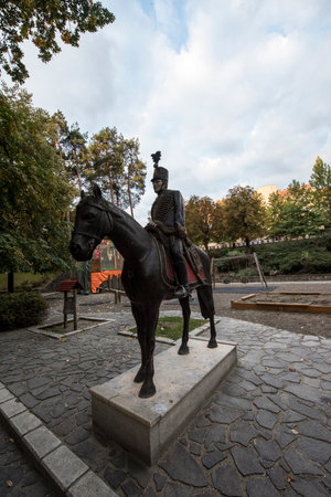 Sculpture of a man on horseback in the parkの写真素材