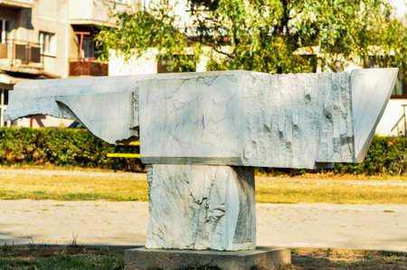Detail of a stone sculpture in a park in Athens, Greeceの写真素材