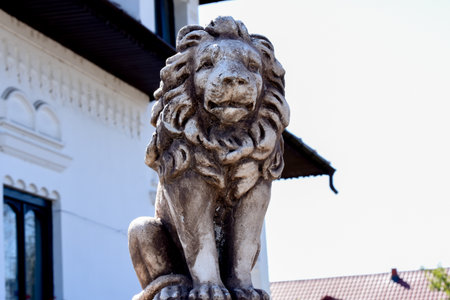 Statue of a lion in the old town of Zagreb, Croatiaの写真素材