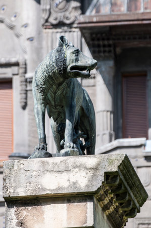 Statue of a wolf in the center of Rome, Italy.の写真素材