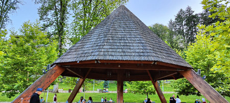 Wooden pavilion in the city park.の写真素材