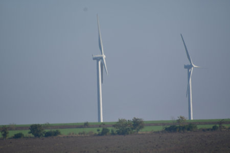 Wind turbines for electric power production, Zaragoza Province, Aragon, Spain.