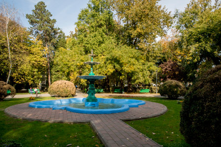 Fountain in the park on a summer day. Beautiful autumn landscape.の写真素材
