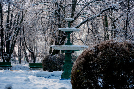 Fountain in the park covered with snow. Winter in the city.の写真素材