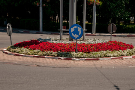 Traffic sign on the road in the center of the city.の写真素材