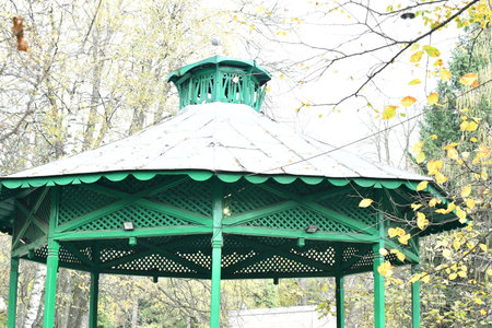 Wooden gazebo in the park, closeup of photoの写真素材