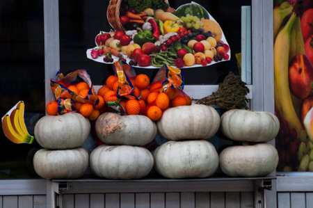 Fruit and vegetables on the counter of a fruit shop in Franceの写真素材