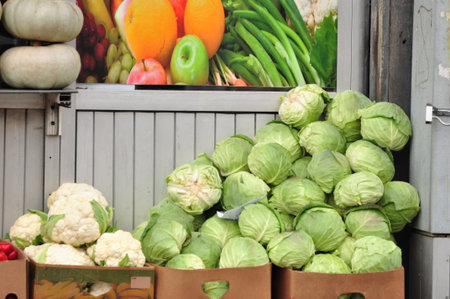 Vegetables and fruits at a market stall in Paris, Franceの写真素材