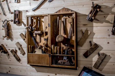 Old carpenter tools on a wooden background. Carpentry.の写真素材