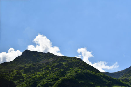 Mountain landscape with green grass and blue sky, closeup of photo