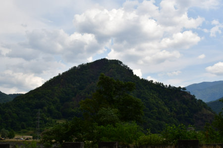 Mountain landscape with green trees and blue sky with white clouds.