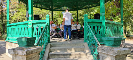 Unidentified people visit the park in Belgrade, Serbiaの写真素材