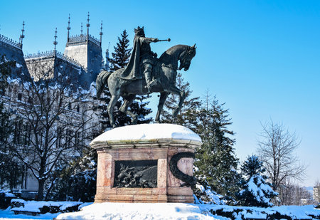 Monument to Peter the Great in Lviv, Ukraine in winter