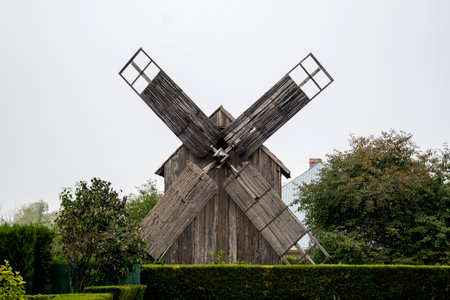 Wooden windmill in the park in Zagreb, Croatiaの写真素材