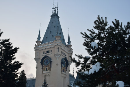 View of the facade of the building of the Palace of Culture Iasi Romaniaの写真素材