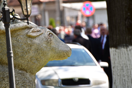 Sculpture of a bull on the street in the center of Zagrebの写真素材