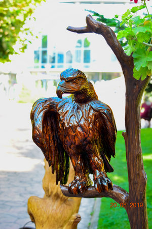 Sculpture of an eagle on a tree in the parkの写真素材