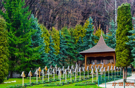 Wooden gazebo in the park of thePrislop Hunedoara Romaniaの写真素材