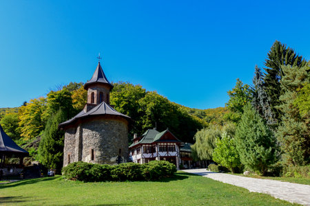 Wooden church in the village of Prislop Hunedoara Romaniaの写真素材