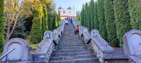 Stairs leading to Basilica of St. Francis of Assisi in Belgrade, Serbiaの写真素材