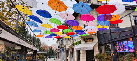 Colorful umbrellas in Belgrade, Serbia. Belgrade is the capital and largest city of Serbia.の写真素材