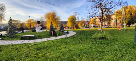 Panoramic view of the city park in the early spring.の写真素材