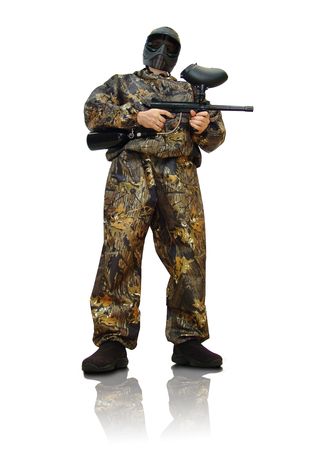 Paintball fighter. Isolated on white.の写真素材