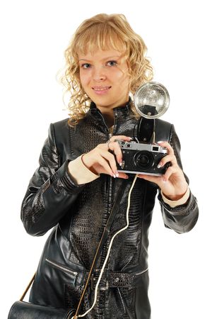 Girl with old photo-camera. Isolated on white.の写真素材