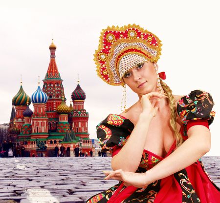 Dancing girl in traditional Russian dress. Red square, Moscow.の写真素材