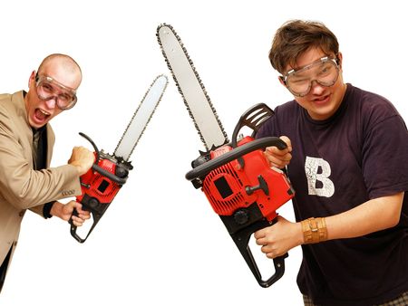 Two maniacs with chainsaws. Isolated on white.の写真素材