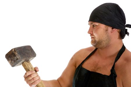 Portrait of happy blacksmith with old hammer. Isolated on white background.の写真素材