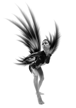 Dark Angel with majestic black wings. Isolated on white                               の写真素材