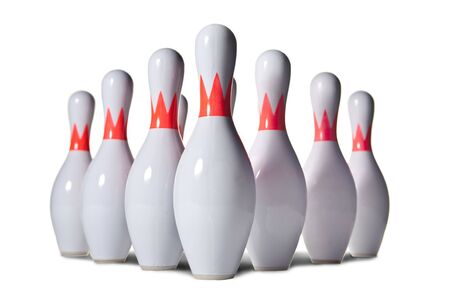 Ten bowling pins. Isolated on white.の写真素材