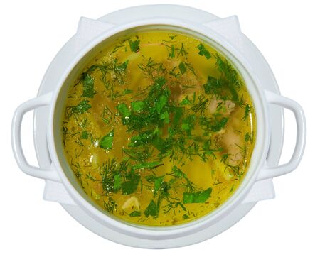 Chicken soup served with dill and parsley. Front view. Isolated on white background..の写真素材