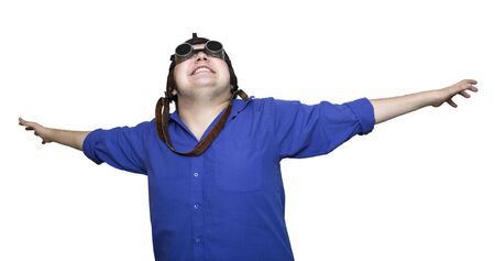 Fat pilot in the leather helmet with goggles. Isolated on white.の写真素材