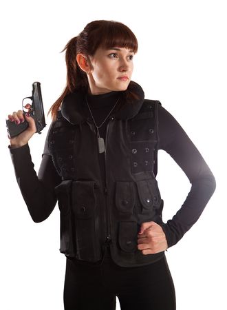 Security girl in the military vest with the Makarov gun. Isolated on white.の写真素材