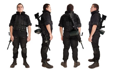 Gunner with the machine gun from the different sides. Isolated on white.の写真素材