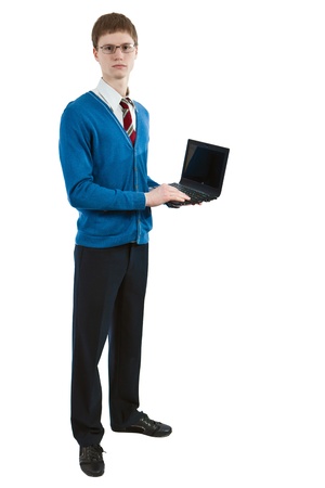 Portrait of yong businessman with the laptop. Isolated on white background.の写真素材