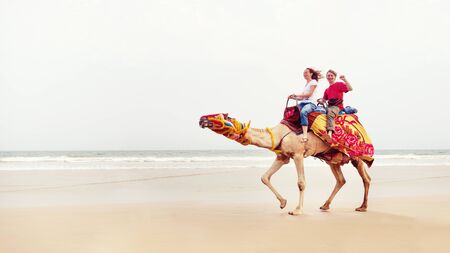 Young couple is riding a camel on the sea background.の写真素材