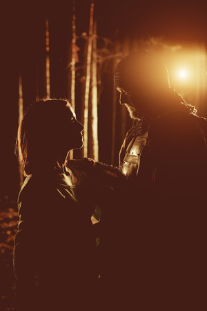 Silhouettes of medieval knight in heavy armor and his princess. Artistic toning.の写真素材