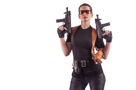 Police officer woman with two guns. Isolated on white.