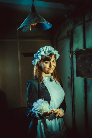 Vintage style maid in uniform with the duster
