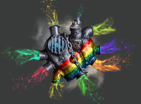 Heart of steel made in steam punk style with color splashes. Isolated on grey background.